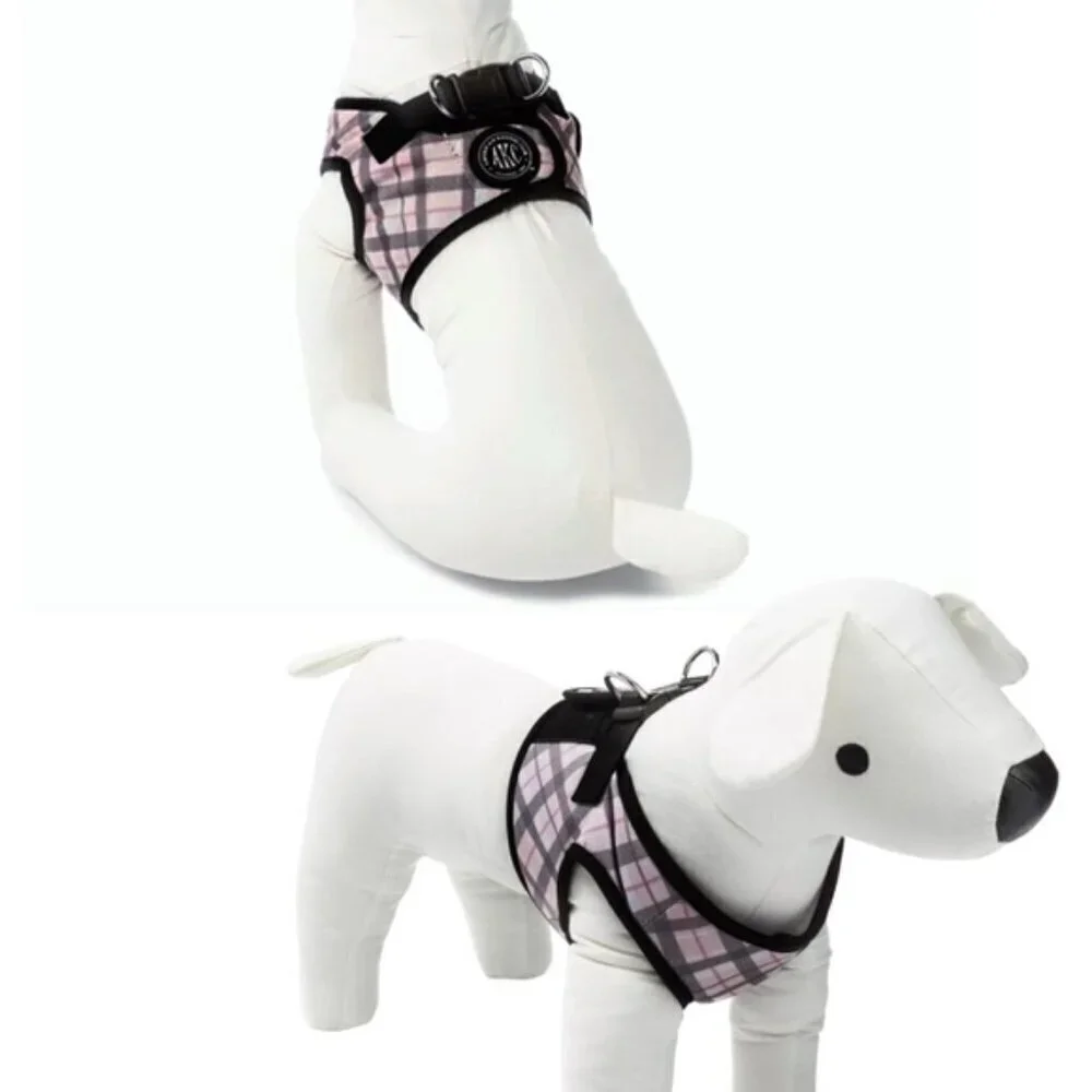 American Kennel Club Dog Harness Vest Designer Tartan Plaid Sherpa Lined Pink M